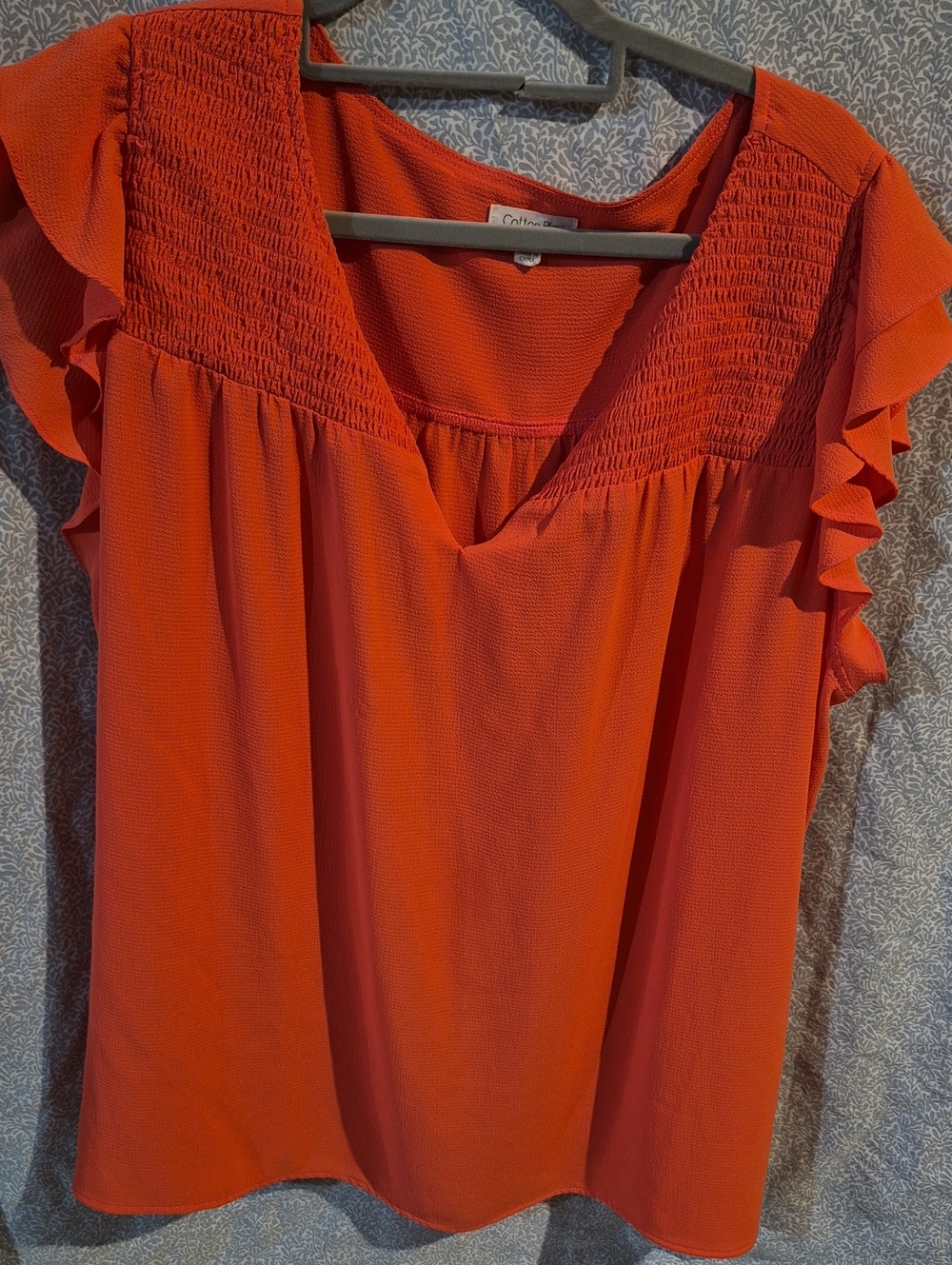 Cotton Bleu Smocked V-Neck Ruffle Sleeve Top - Orange